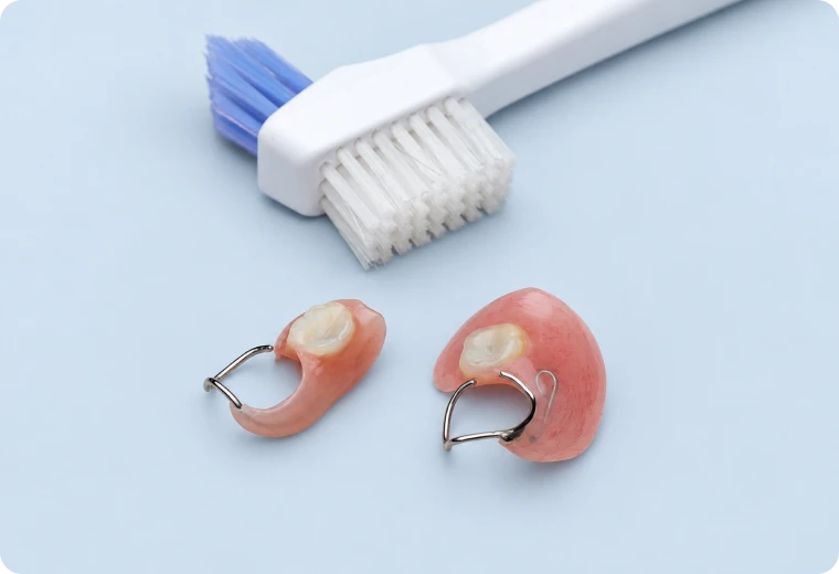 Prothèses dentaires partielles amovibles avec crochets, posées à côté d'une brosse à dents